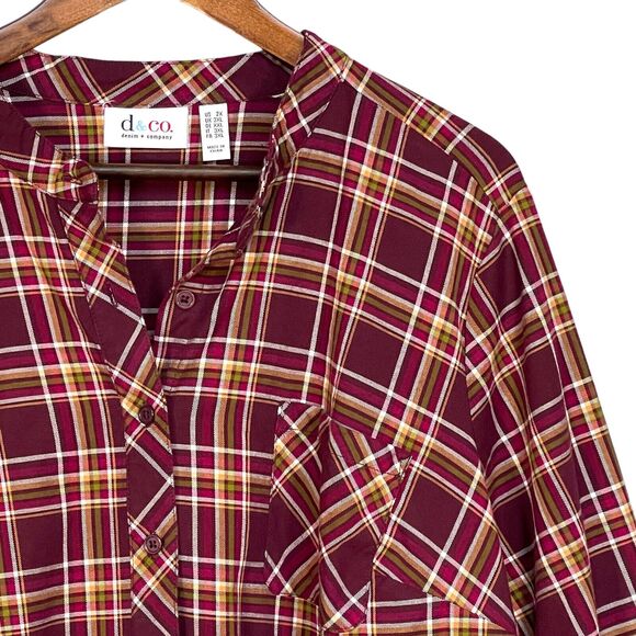 D&Co. Plaid Mandarin Collar Top‎ Women Size 2X Red Pocket Button Up - Picture 6 of 13